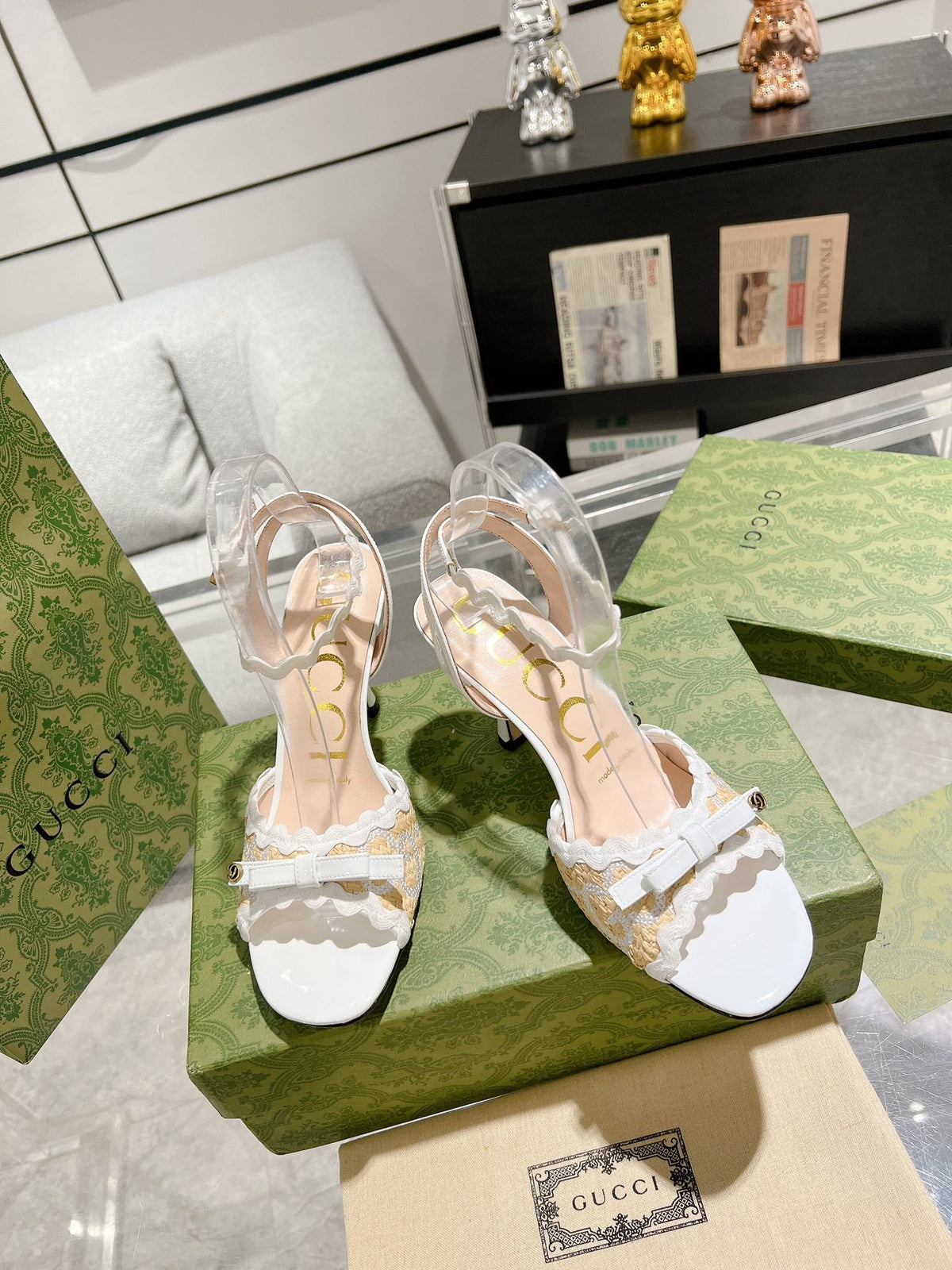 GG HIGH - HEEL SANDAL WHITE FABRIC ATTACH BOW