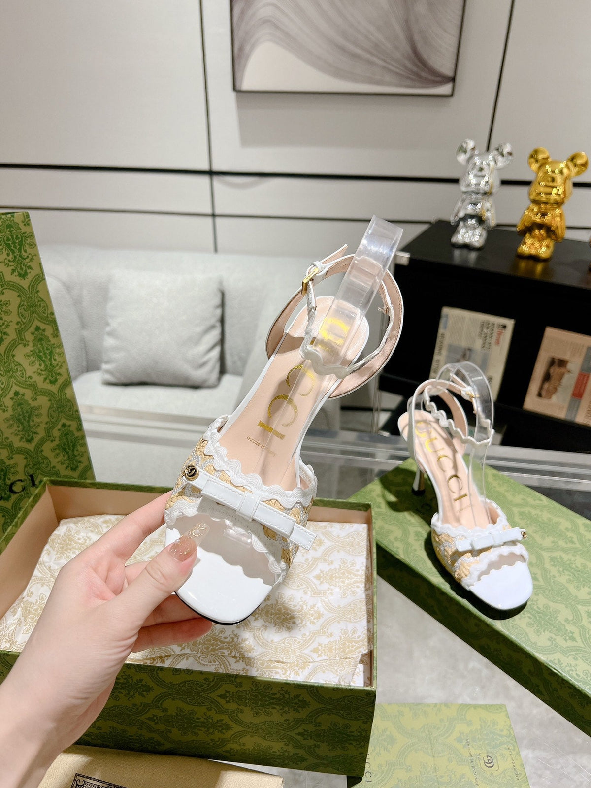 GG HIGH - HEEL SANDAL WHITE FABRIC ATTACH BOW