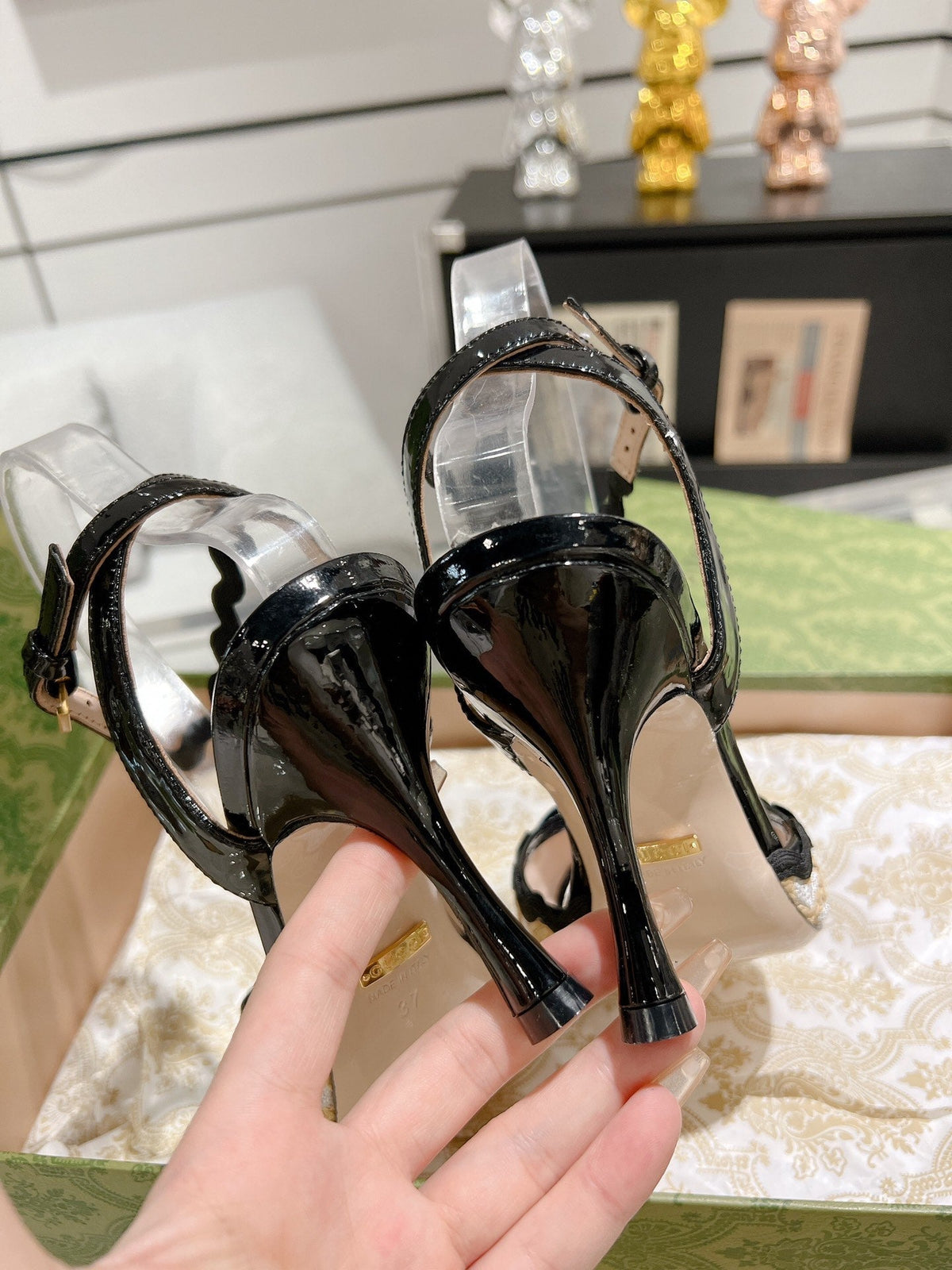 GG HIGH - HEEL SANDAL BLACK FABRIC ATTACH BOW