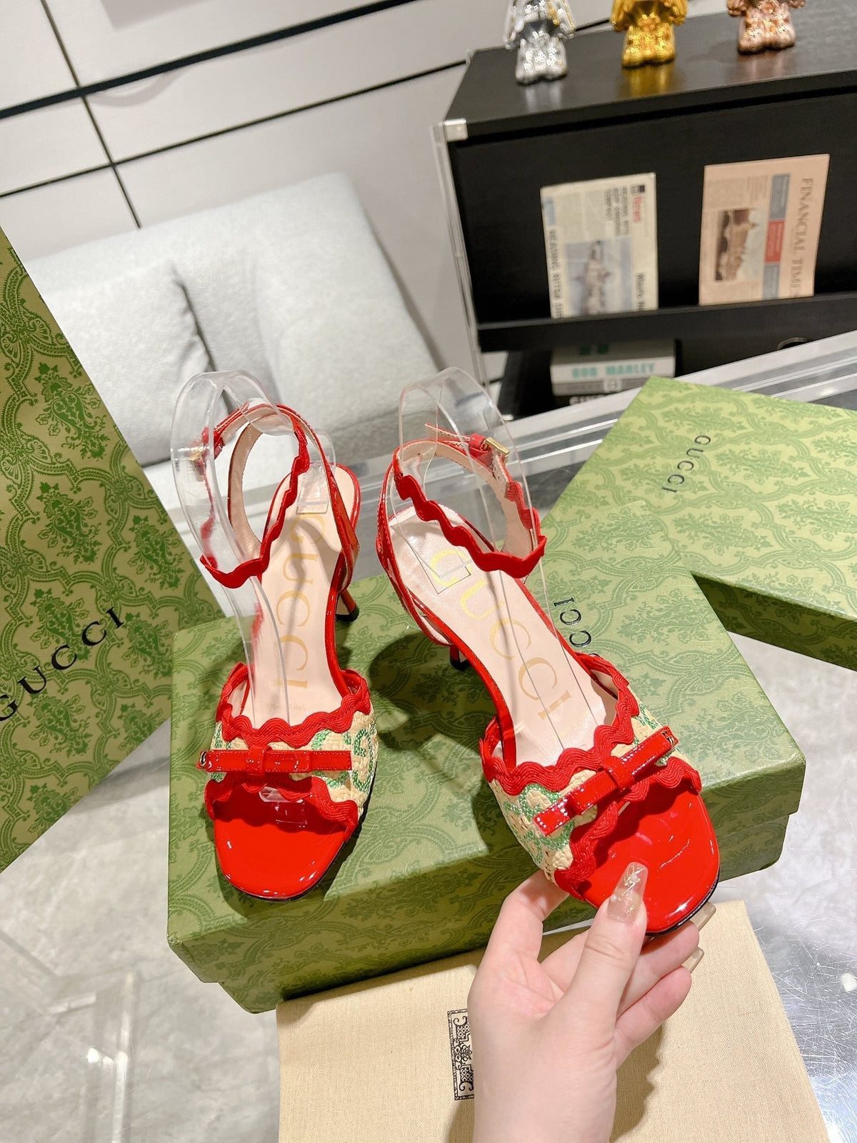 GG HIGH - HEEL SANDAL CRIMSON FABRIC ATTACH BOW