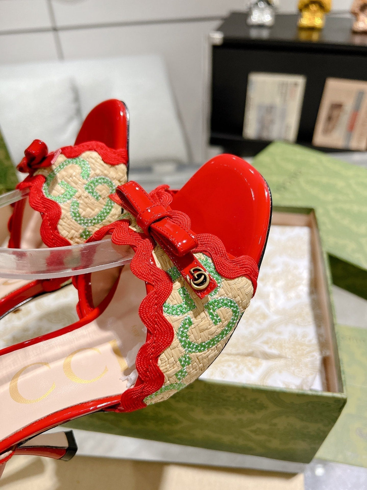 GG HIGH - HEEL SANDAL CRIMSON FABRIC ATTACH BOW