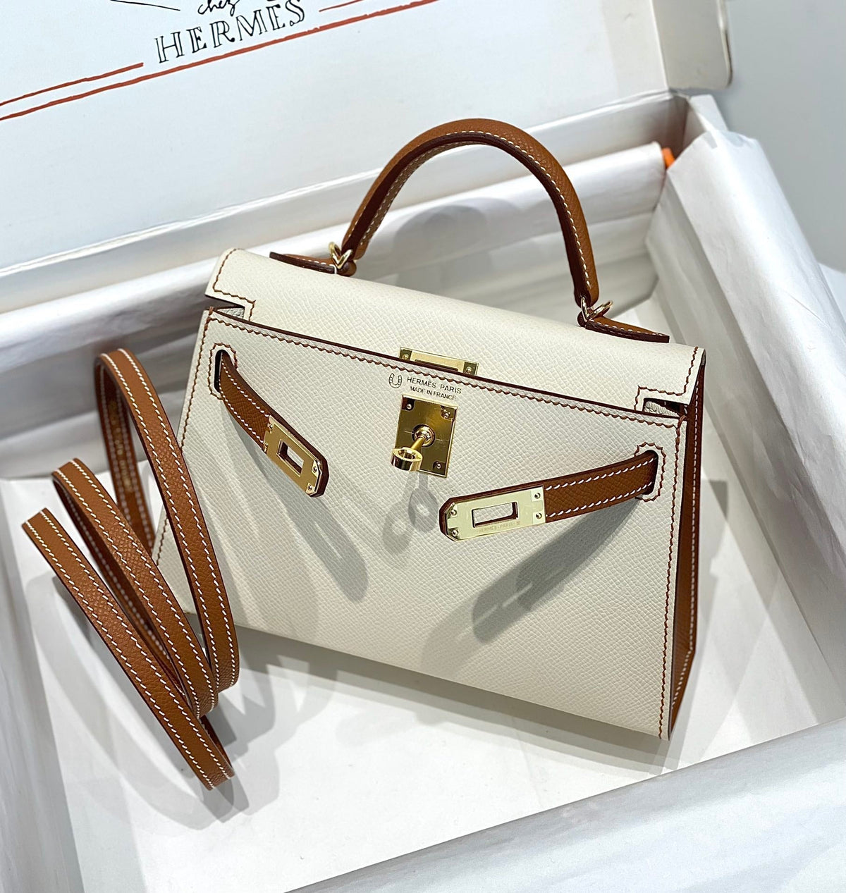 HM Mini Kelly 19cm Cream Gold Epsom Silver Hardware