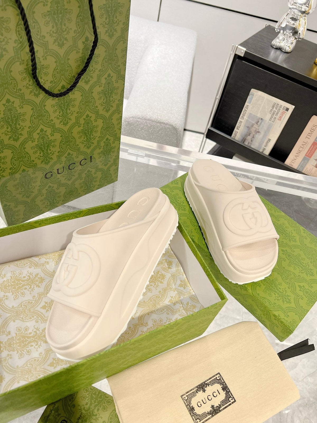 GC 25 Interlocking G 50mm Slide Sandal Ivory Cowhide 292379