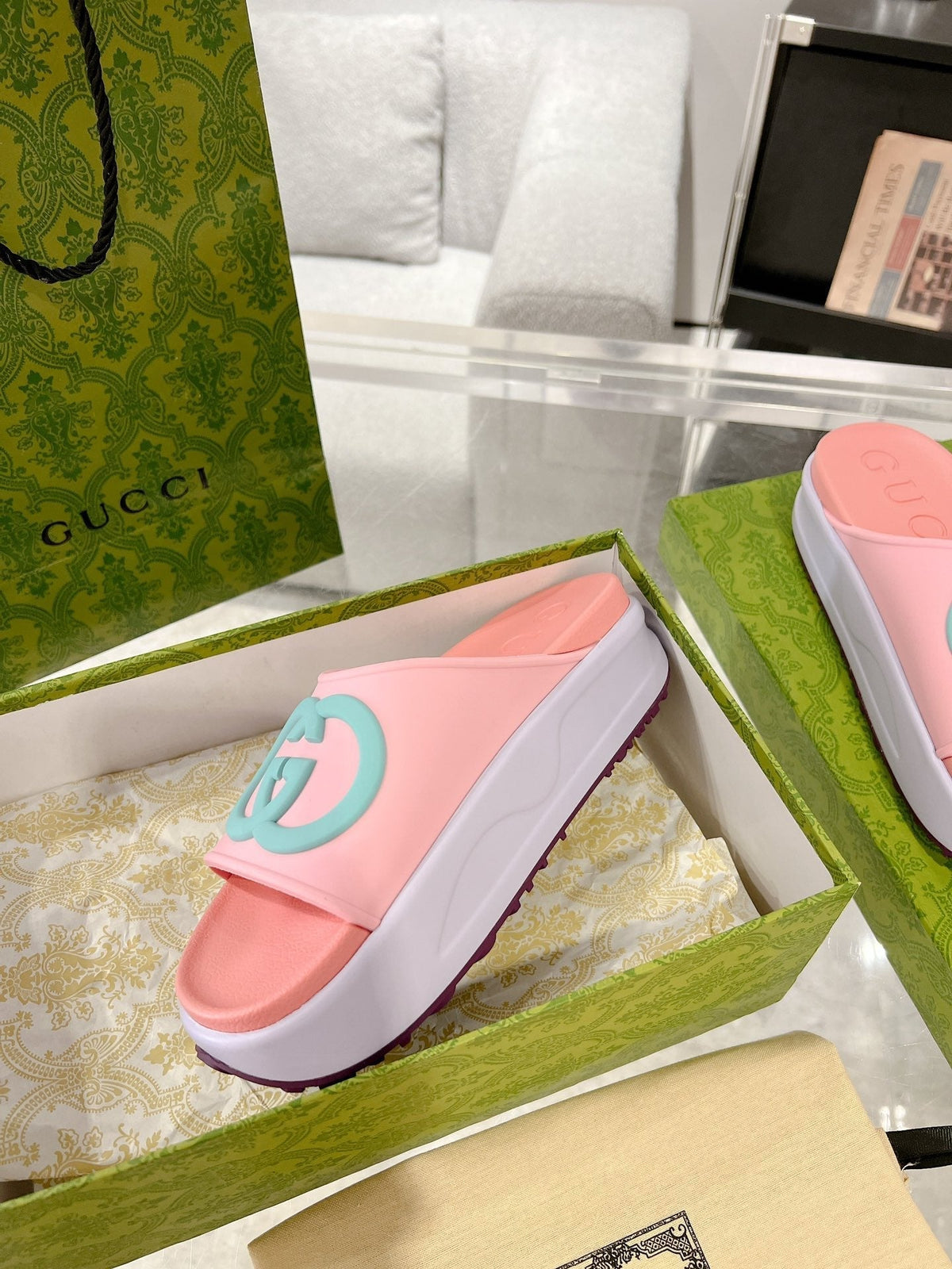 GC 25 Interlocking G 50mm Slide Sandal Pink Blue Cowhide 292397