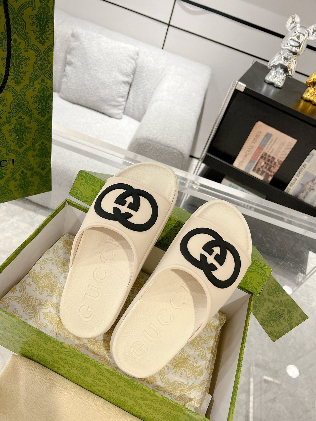 GC 25 Interlocking G 50mm Slide Sandal Beige Black Cowhide 292398