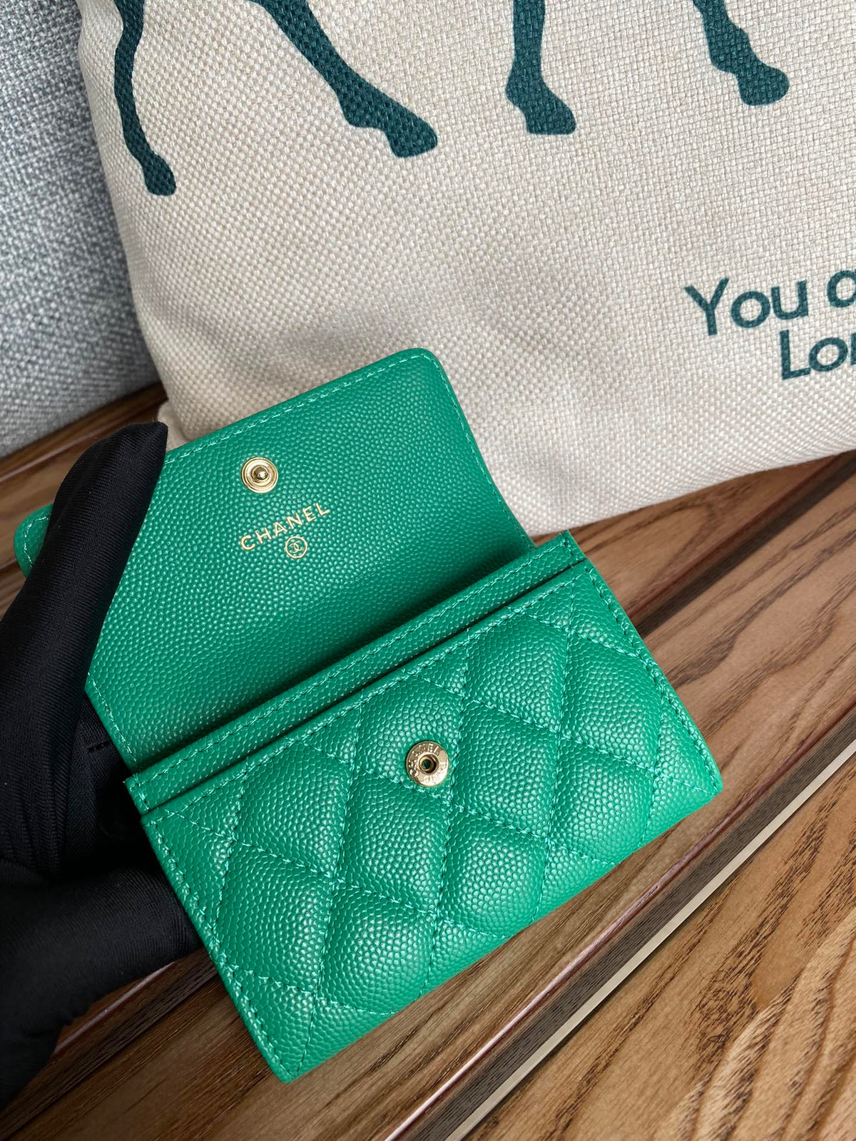cc small wallet 11cm dark green caviar light gold hardware