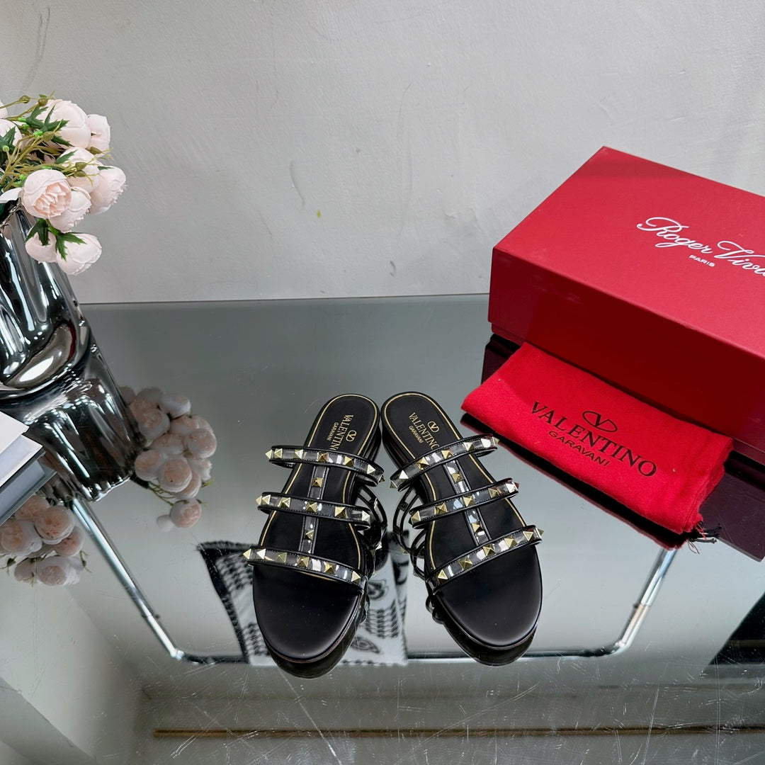 VT 25 Rockstud Flat Sandals Black PVC Sheepskin