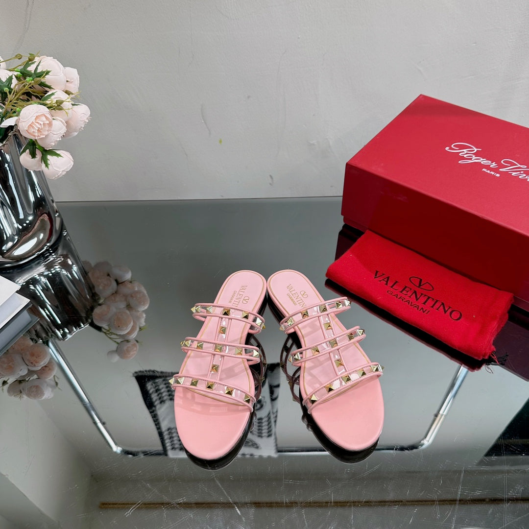 VT 25 Rockstud Flat Sandals Pink PVC Sheepskin