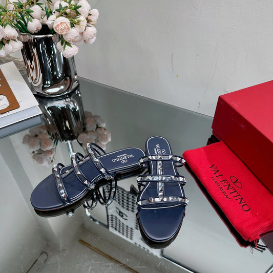 VT 25 Rockstud Flat Sandals Navy Blue PVC Sheepskin