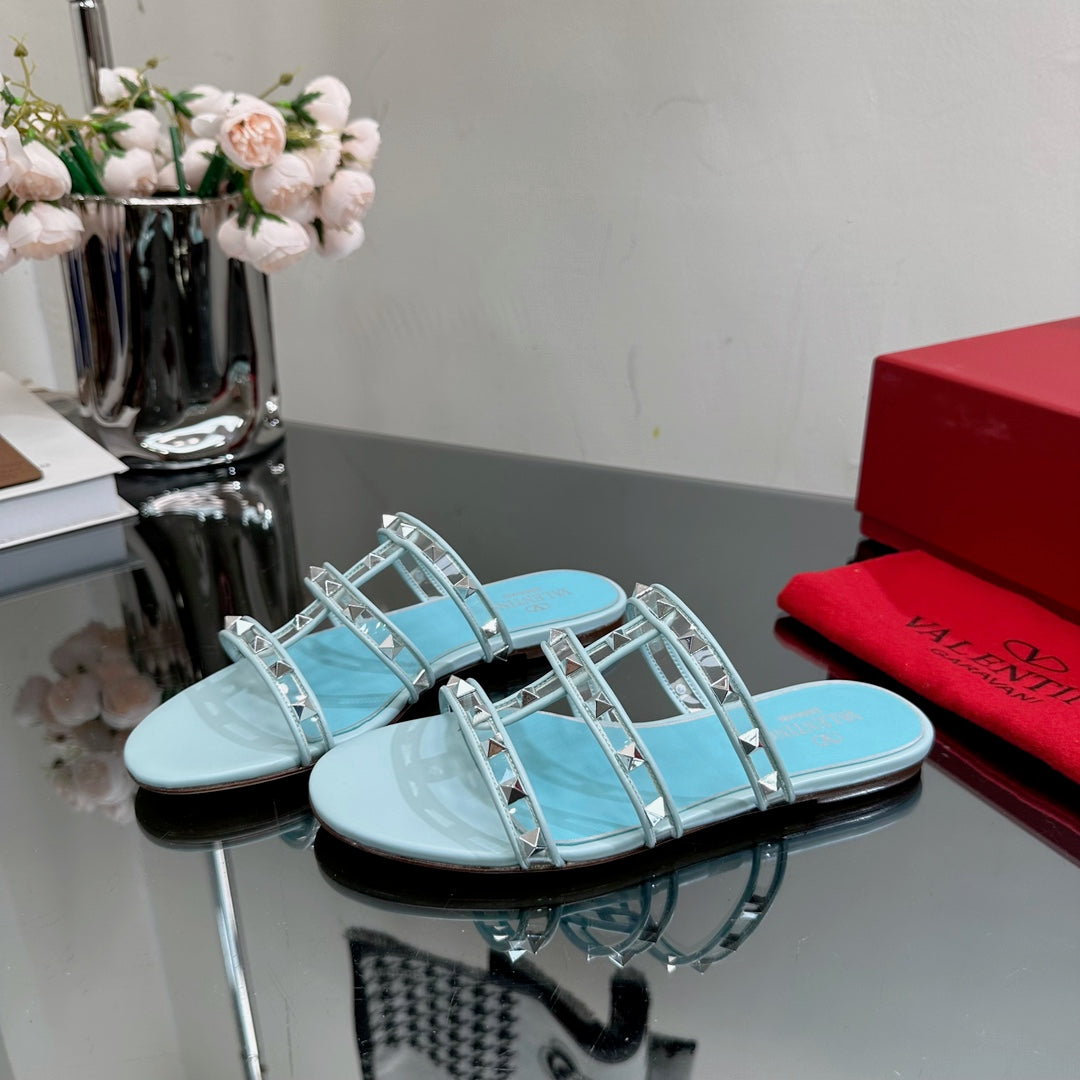 VT 25 Rockstud Flat Sandals Sky Blue PVC Sheepskin