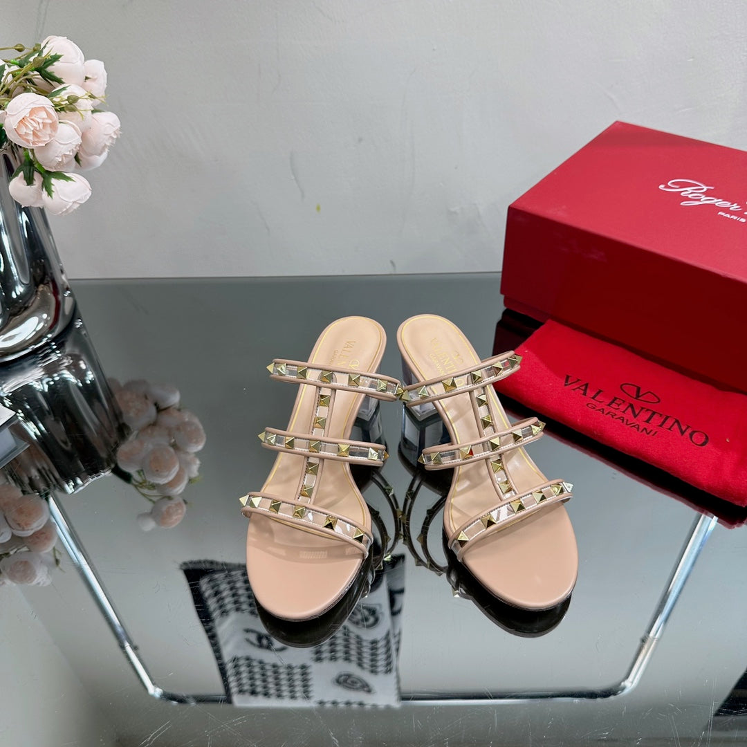 VT 25 Rockstud Sandals 65mm Beige PVC Sheepskin