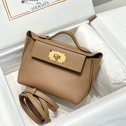 HM Mini 24 Sur 24 Bag 21cm Brown Swift Cowhide Gold Hardware 250274