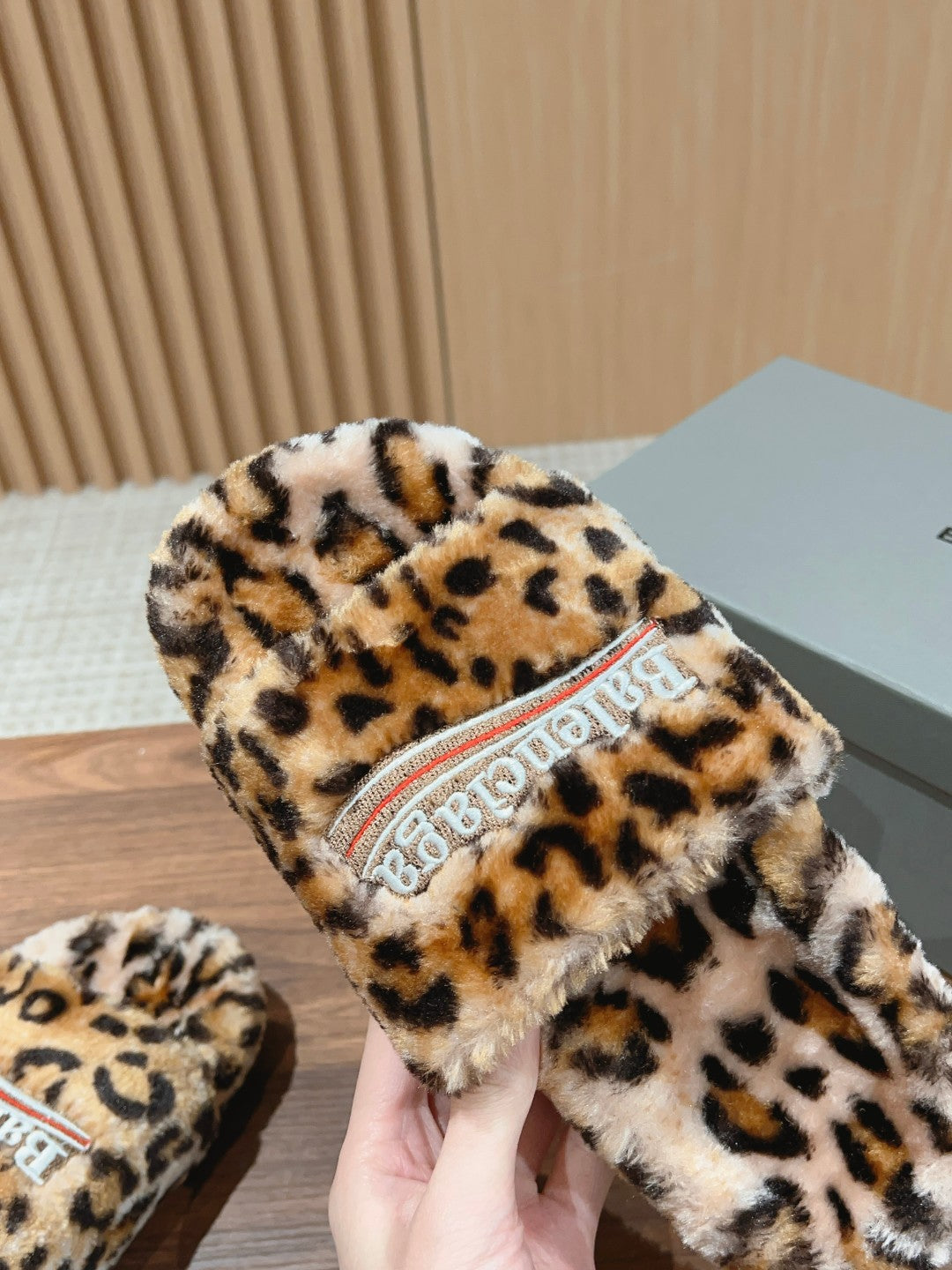 FURRY SLIDES IN LEOPARD PRINT RABBIT FUR