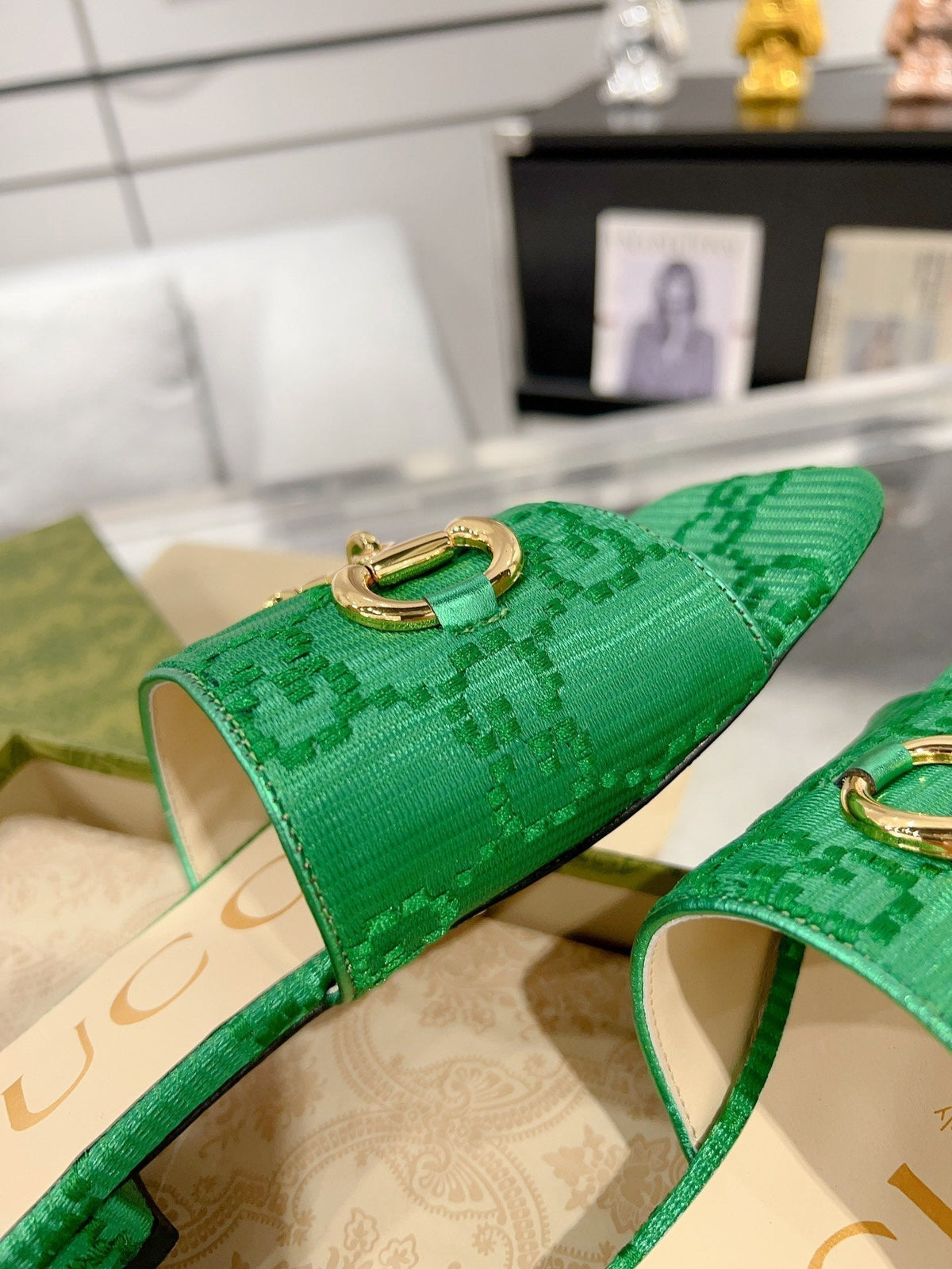 GG CHUNKY SLIDE SANDAL DARK GREEN CALFSKIN