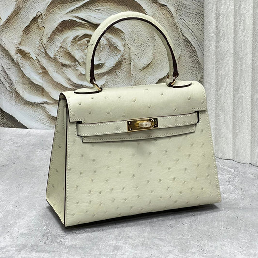 KELLY BAG 20 IN WHITE CREAM OSTRICH LEATHER WITH GOLD HARDWARE (MADE - TO - ODER)
