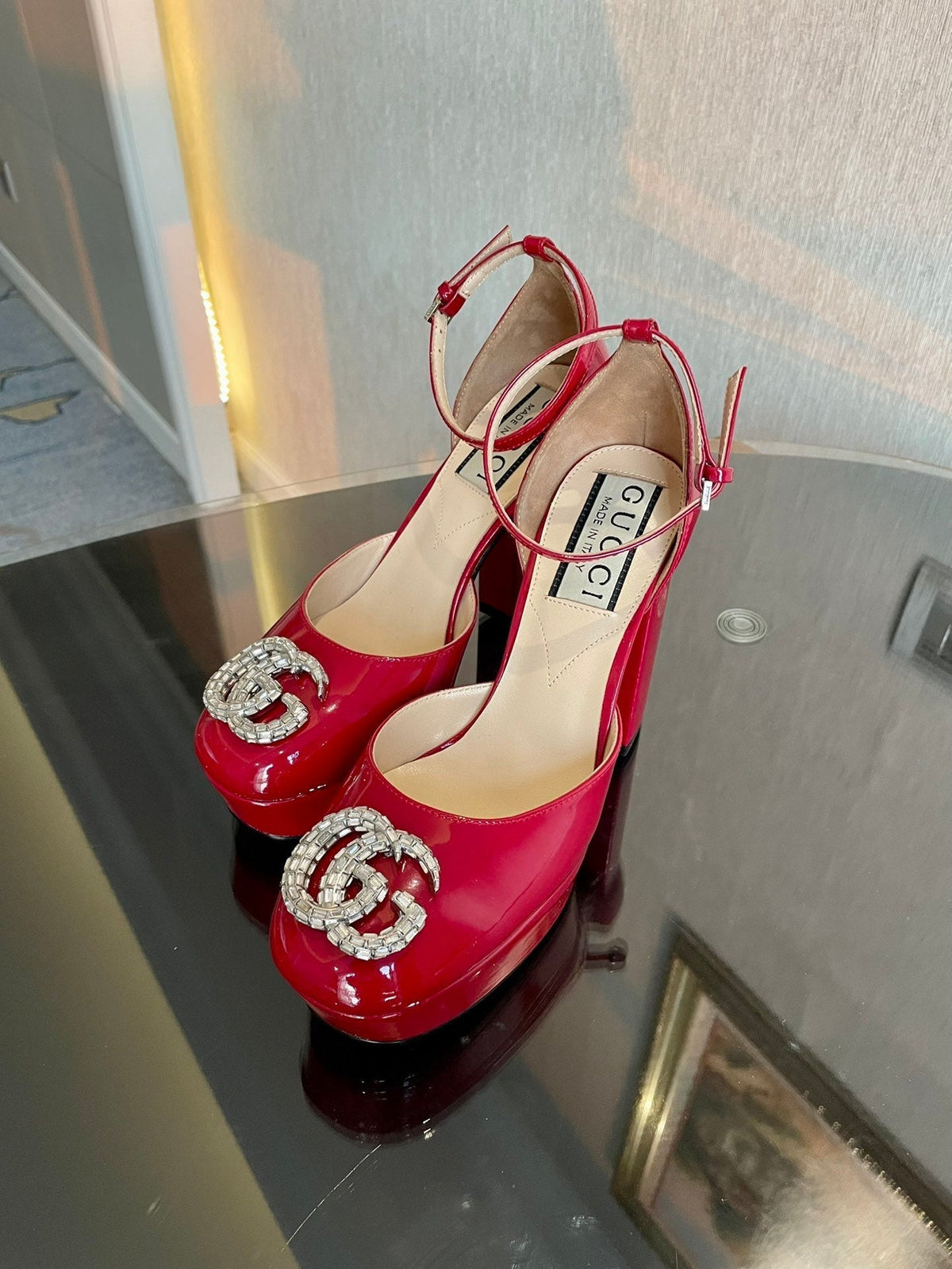 platform pump 12cm with double g red patent leather