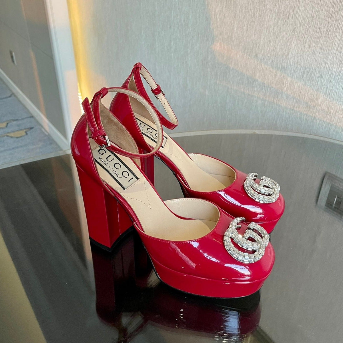 platform pump 12cm with double g red patent leather