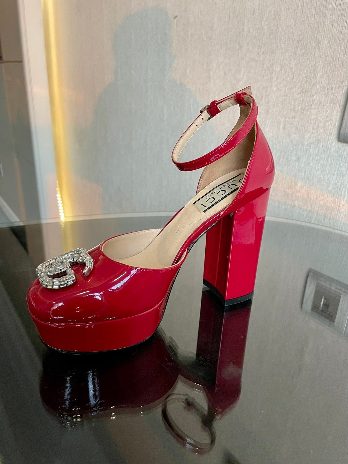 platform pump 12cm with double g red patent leather
