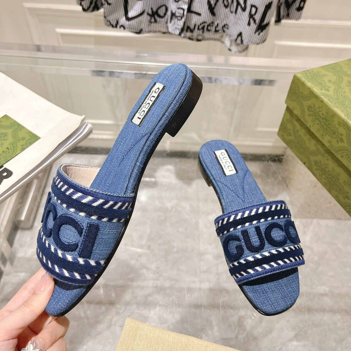 GG  Interlocking double G hollow slippers Neon Blue