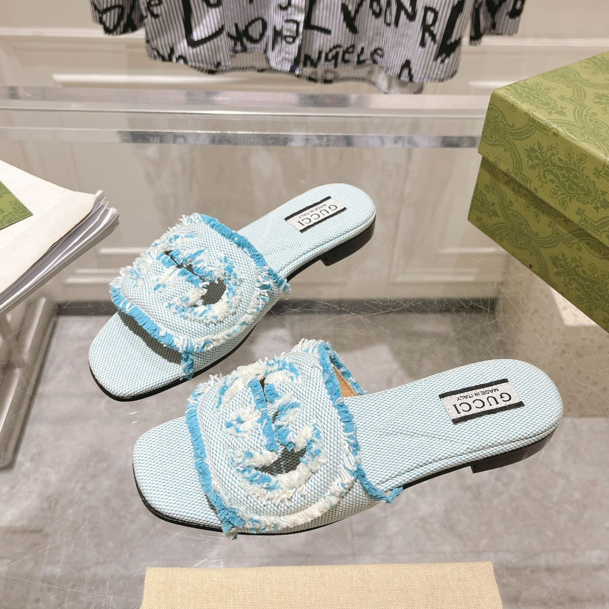 GG  Interlocking double G hollow slippers Baby Blue