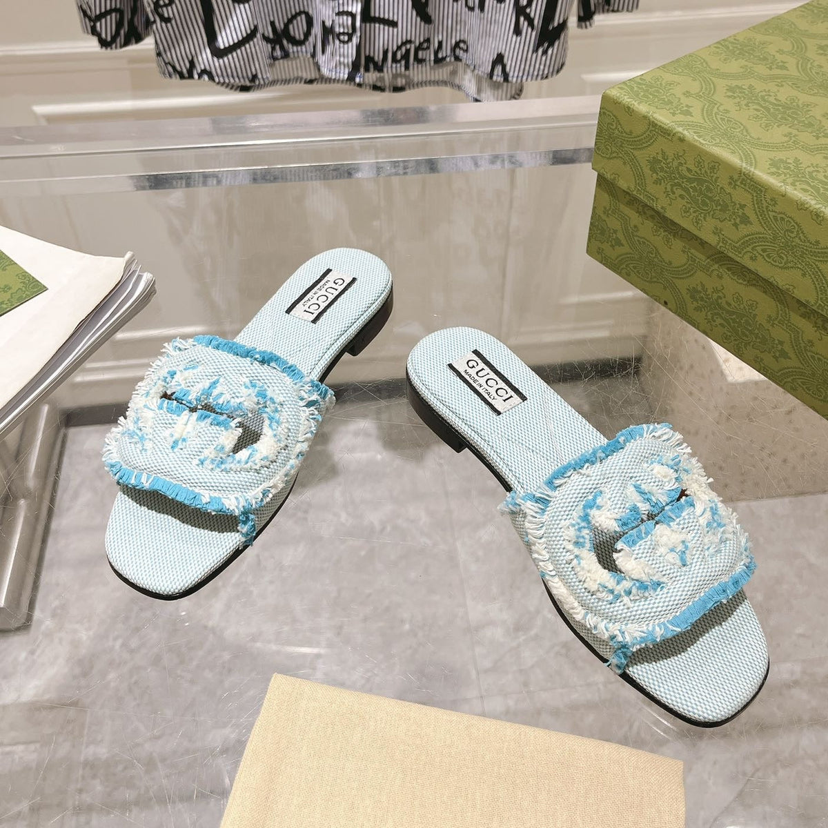 GG  Interlocking double G hollow slippers Baby Blue