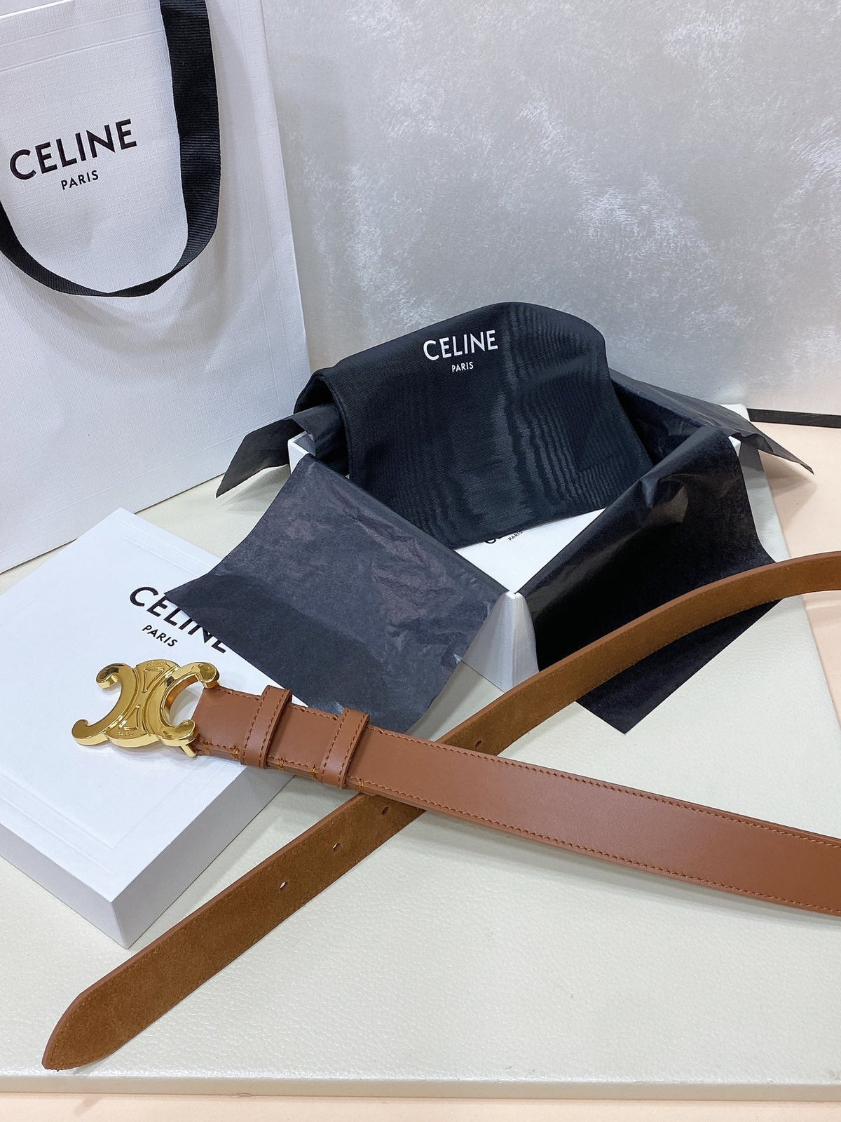 CEL Gold Buckle Belt 30mm Brown Calfskin 176406