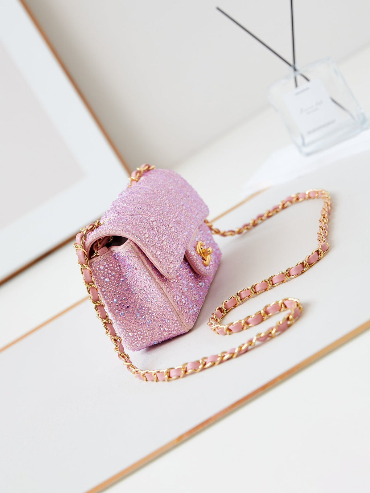24b mini flap bag  20cm pink lambskin silver purple diamond