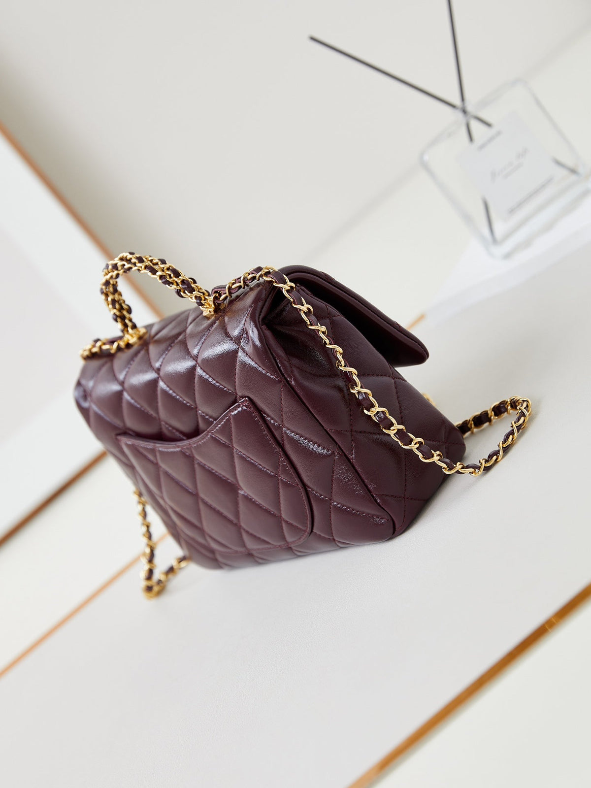 CC Flap Bag With Top Handle 25cm Wine Red Sheepskin Gold Hardware 238481