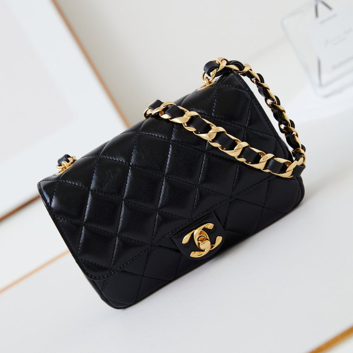 CC 24B Mini Flap Bag 20cm Black Lambskin Gold Hardware