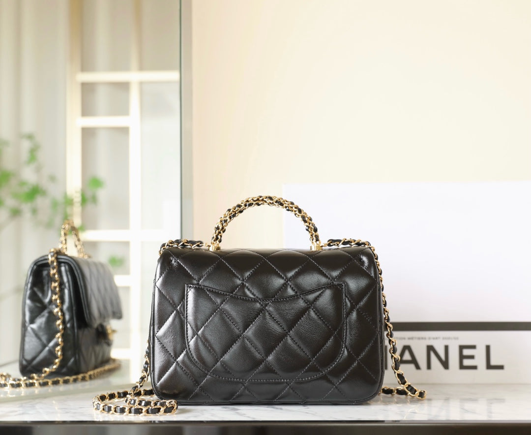 24B Small Flap Bag With Top Handle 25cm Black Lambskin