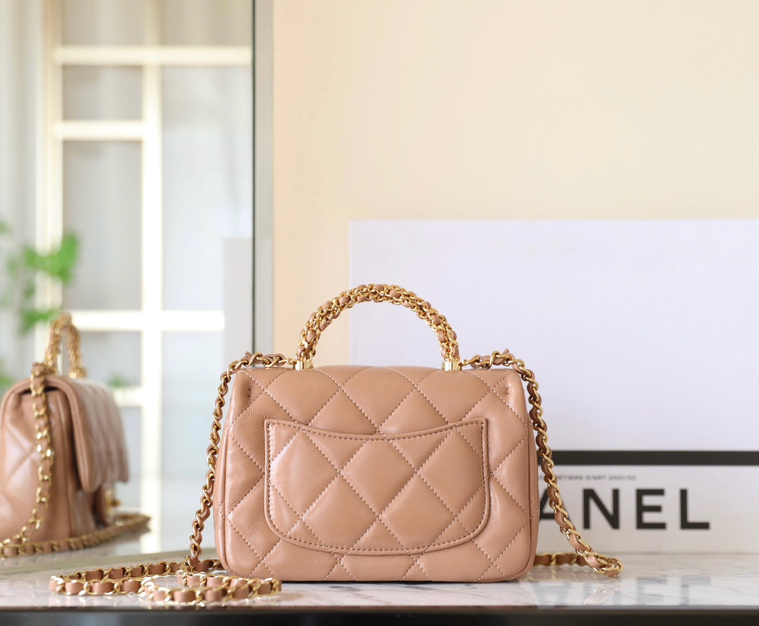 24b mini flap bag 19cm top handle beige lambskin