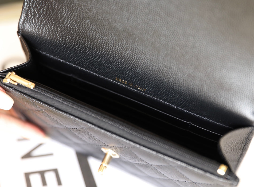 25C Flap Bag With Top Handle 18cm Black Grained Calfskin