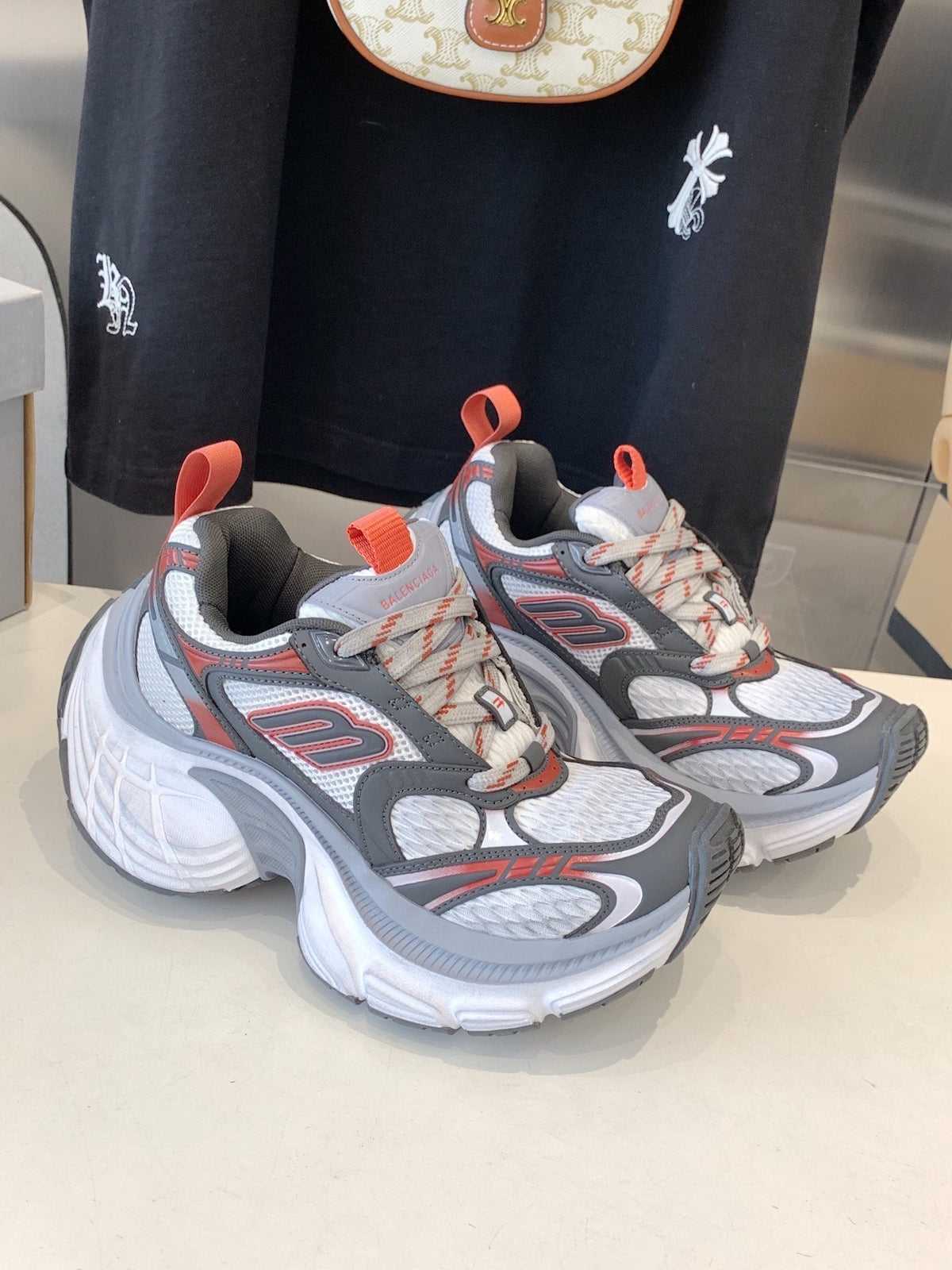 DAD SHOES IN GREY RED WHITE MESH AND CALFSKIN