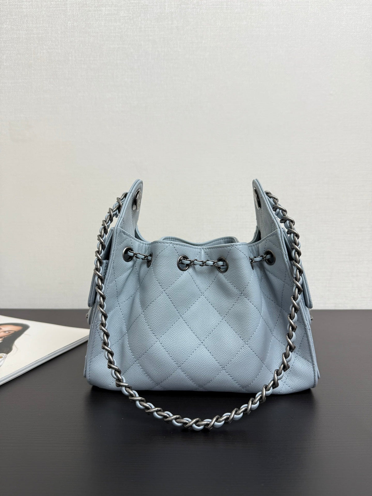Chanel 2026 Hobo Bag 22cm Light Blue Grained Calfskin With Silver Hardware