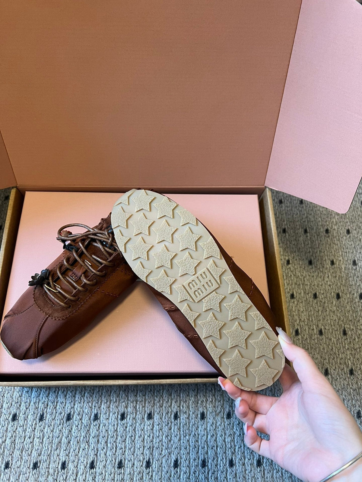 Miu Miu 2026  Plume Sneaker With Floral Charm Dark Brown Satin 621343