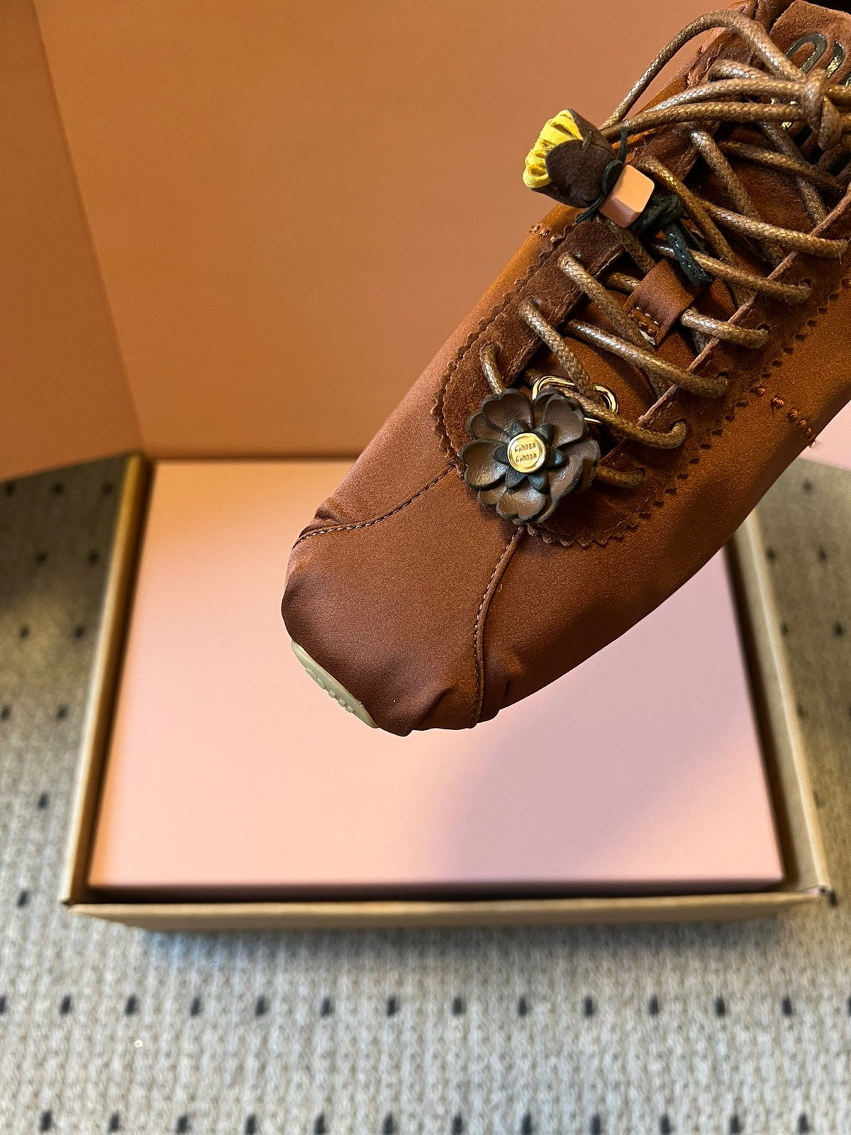 Miu Miu 2026  Plume Sneaker With Floral Charm Dark Brown Satin 621343