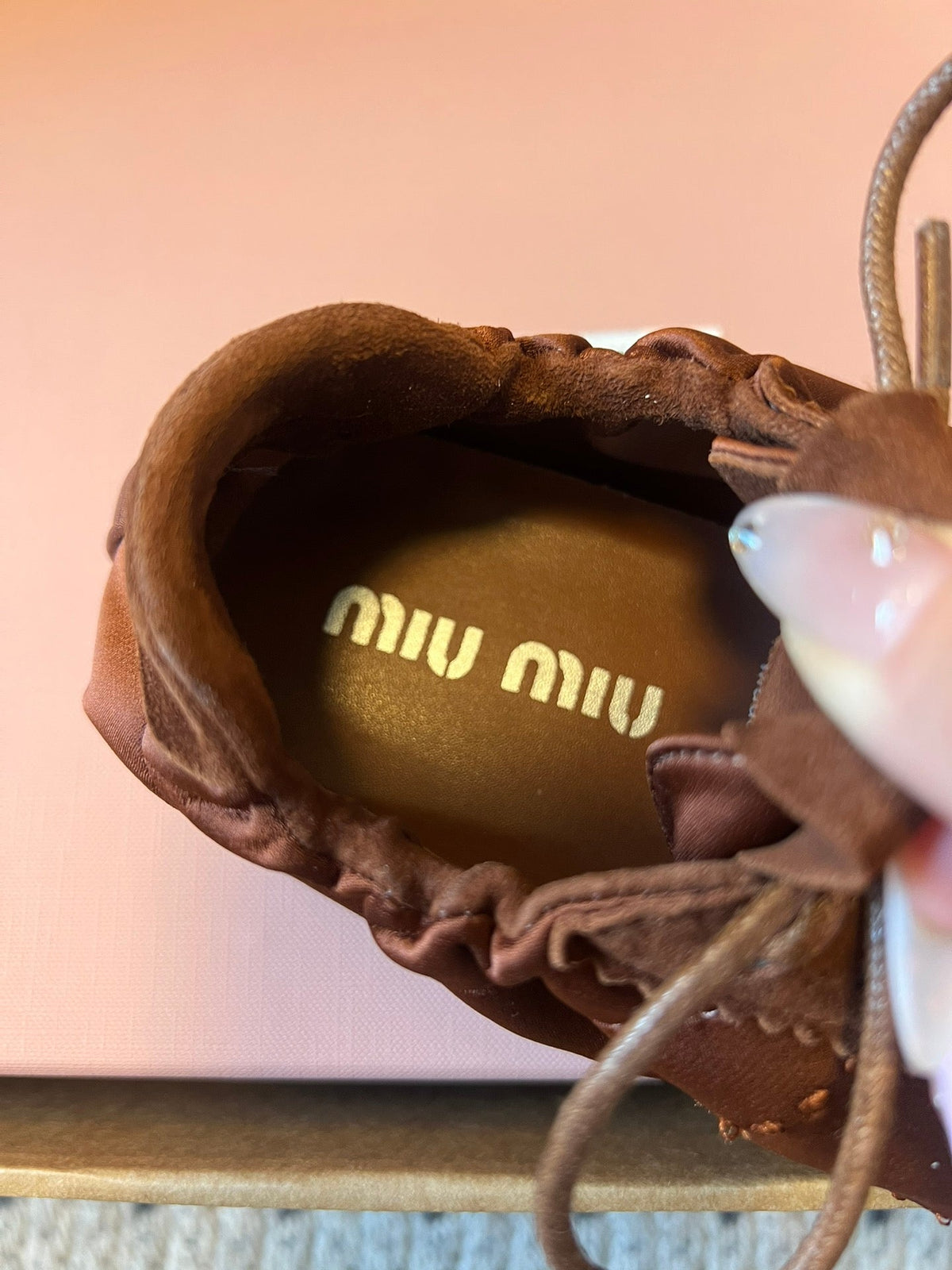 Miu Miu 2026  Plume Sneaker With Floral Charm Dark Brown Satin 621343