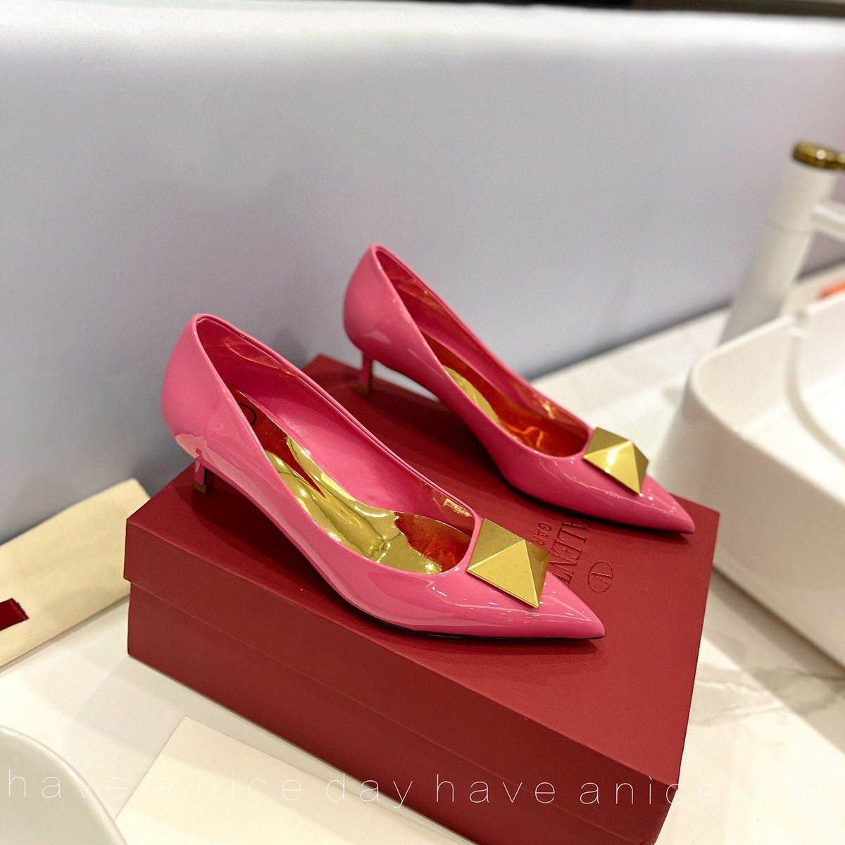 One Stud Gold Patent Pink Leather Pump