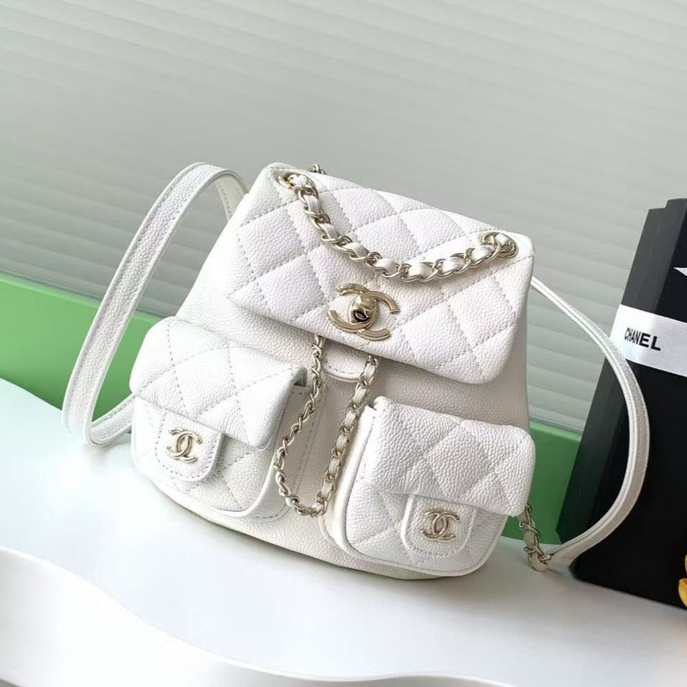CC Backpack 17.5cm White Silver Grained Calfskin