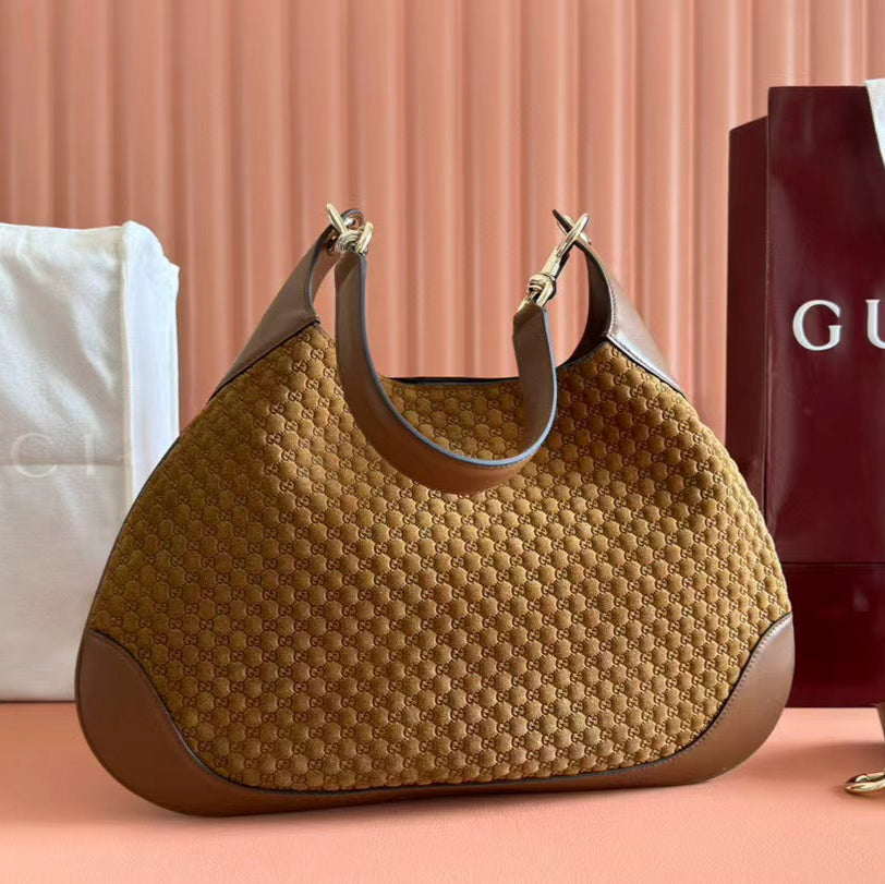 Gucci B Medium Shoulder Bag Brown Suede Leather
