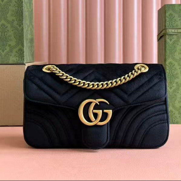 GG 2025 Marmont 26cm Bag Black Gold Velvet Leather