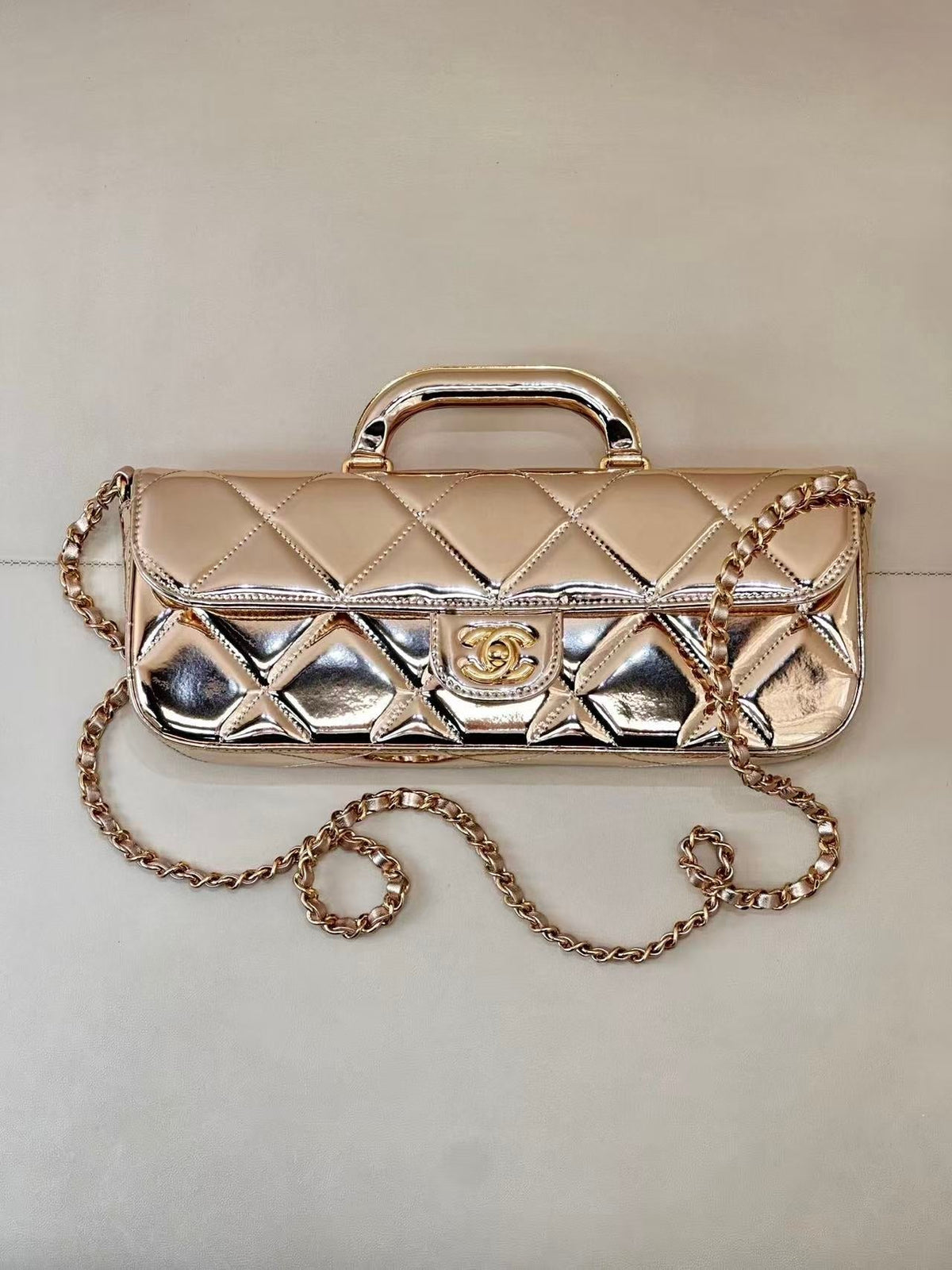 CC 25K Large Flap Bag with Top Handle Chain Strap Gold Metalic Patent Calfskin GHW