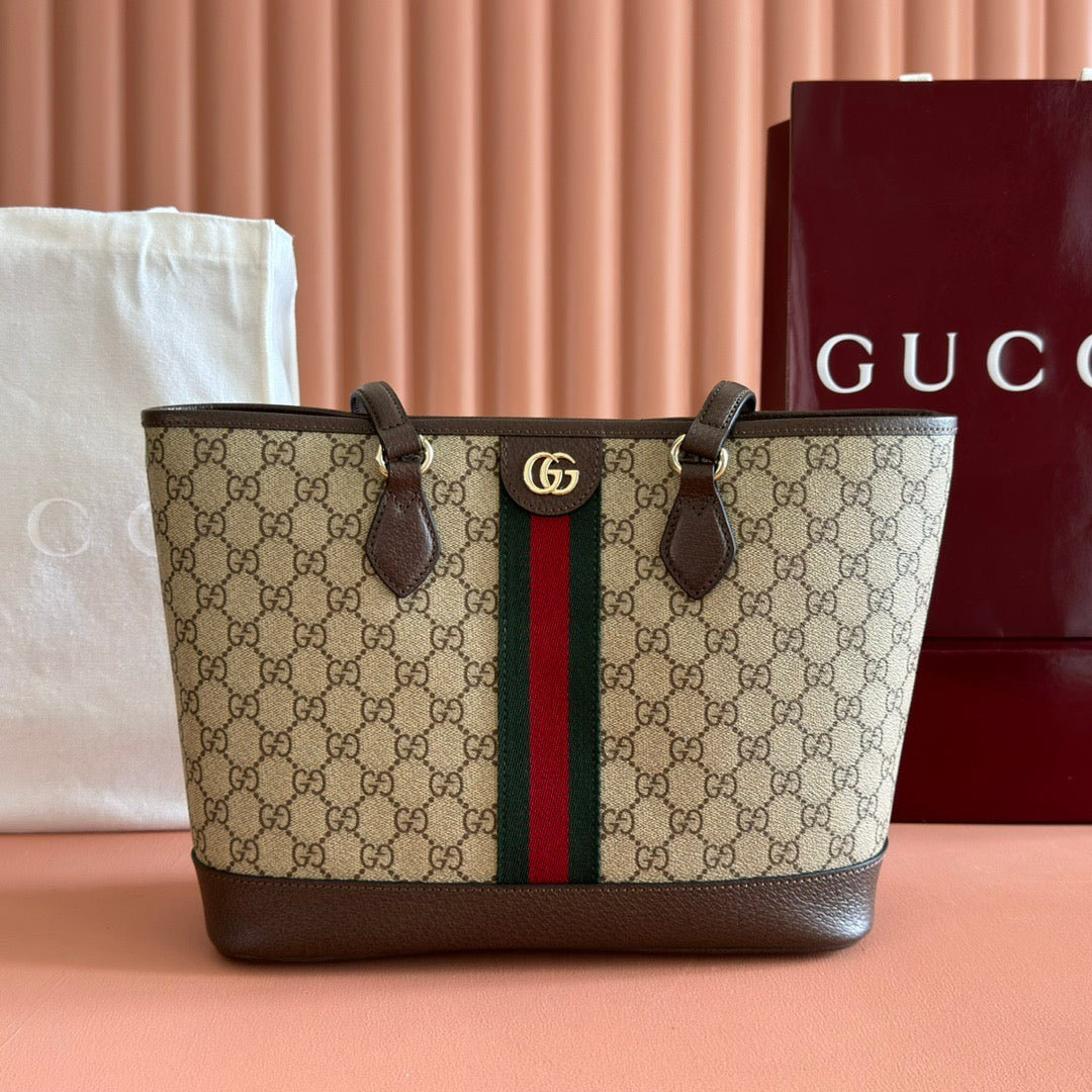 GG 2025 Ophidia 31cm Tote Bag Ebony Brown Canvas Leather