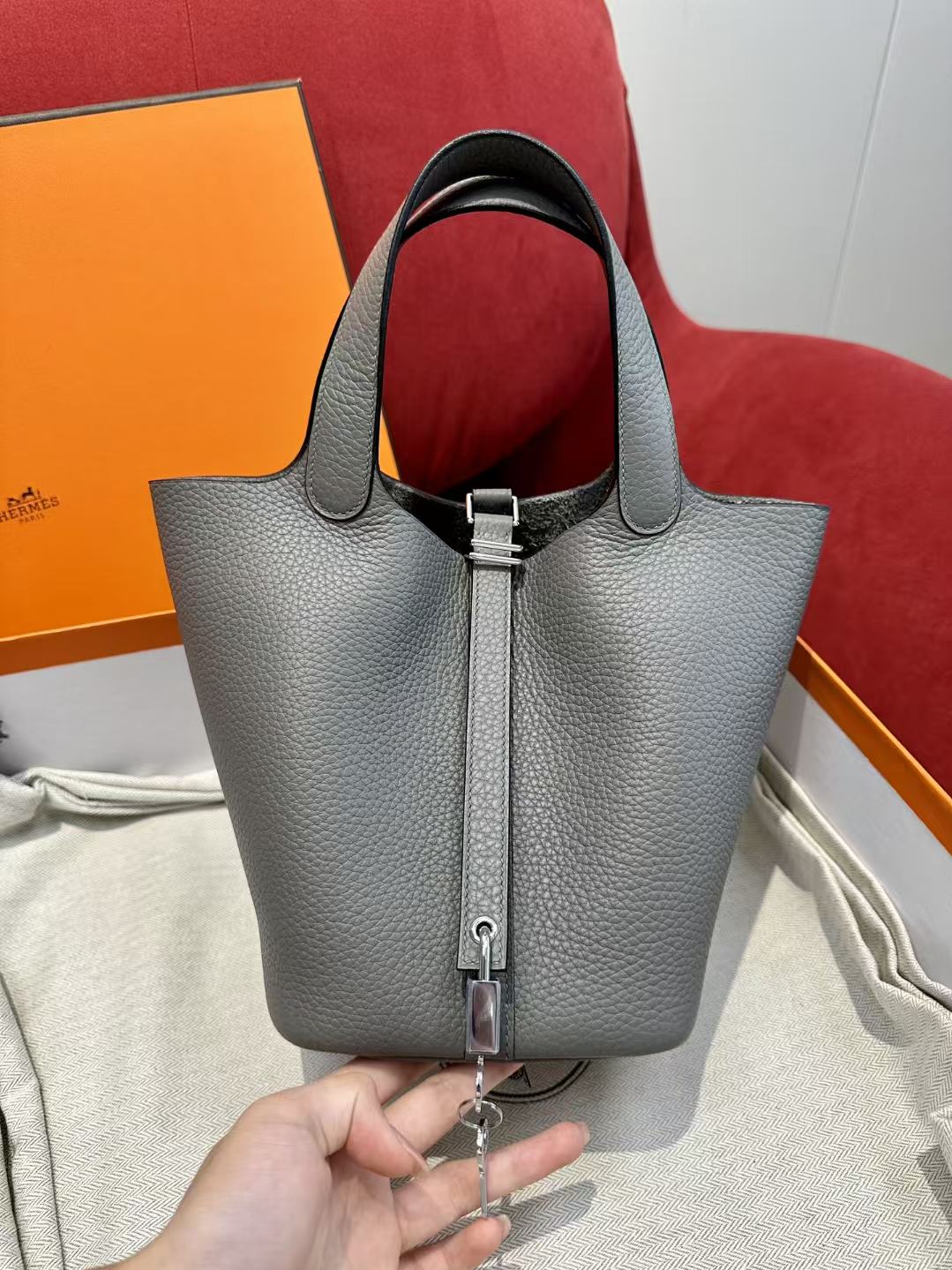 HM Picotin Lock 18 Bag Grey Cowhide
