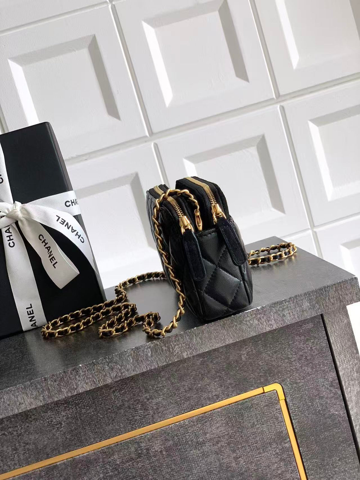 CC 25A Touch Phone Holder Bag 17.5cm with Chain Black Lamskin