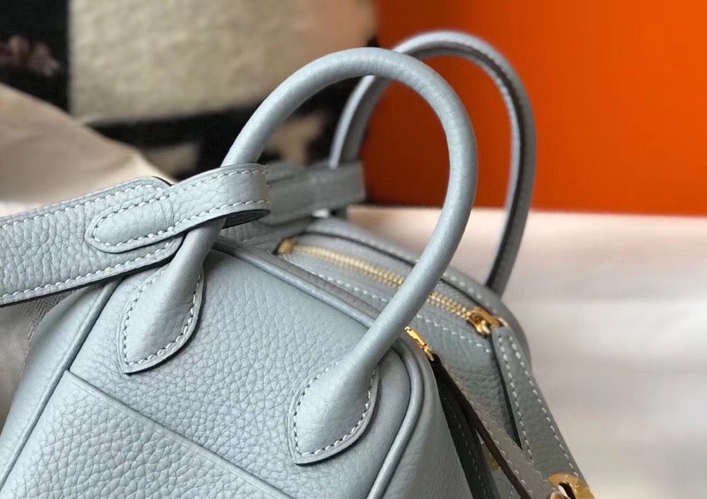 HM Mini Lindy 20cm Blue Lin Clemence Leather