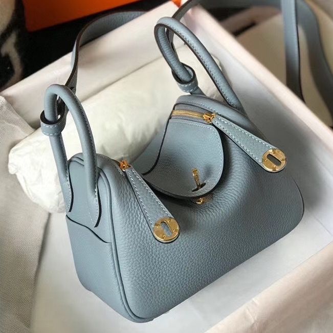 HM Mini Lindy 20cm Blue Lin Clemence Leather