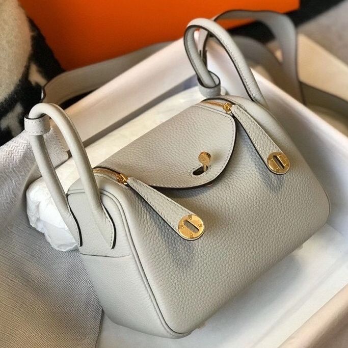 HM Mini Lindy 20cm Pearl Grey Clemence Leather