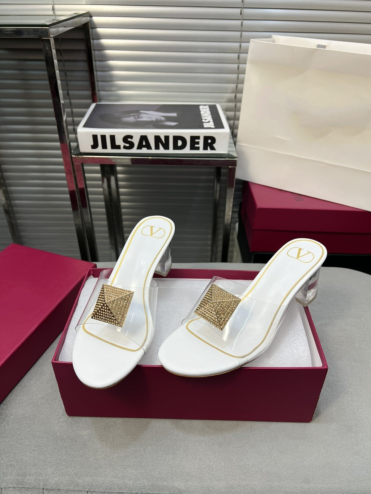 Heeled Sandals 6cm with Crystal Square Buckle White