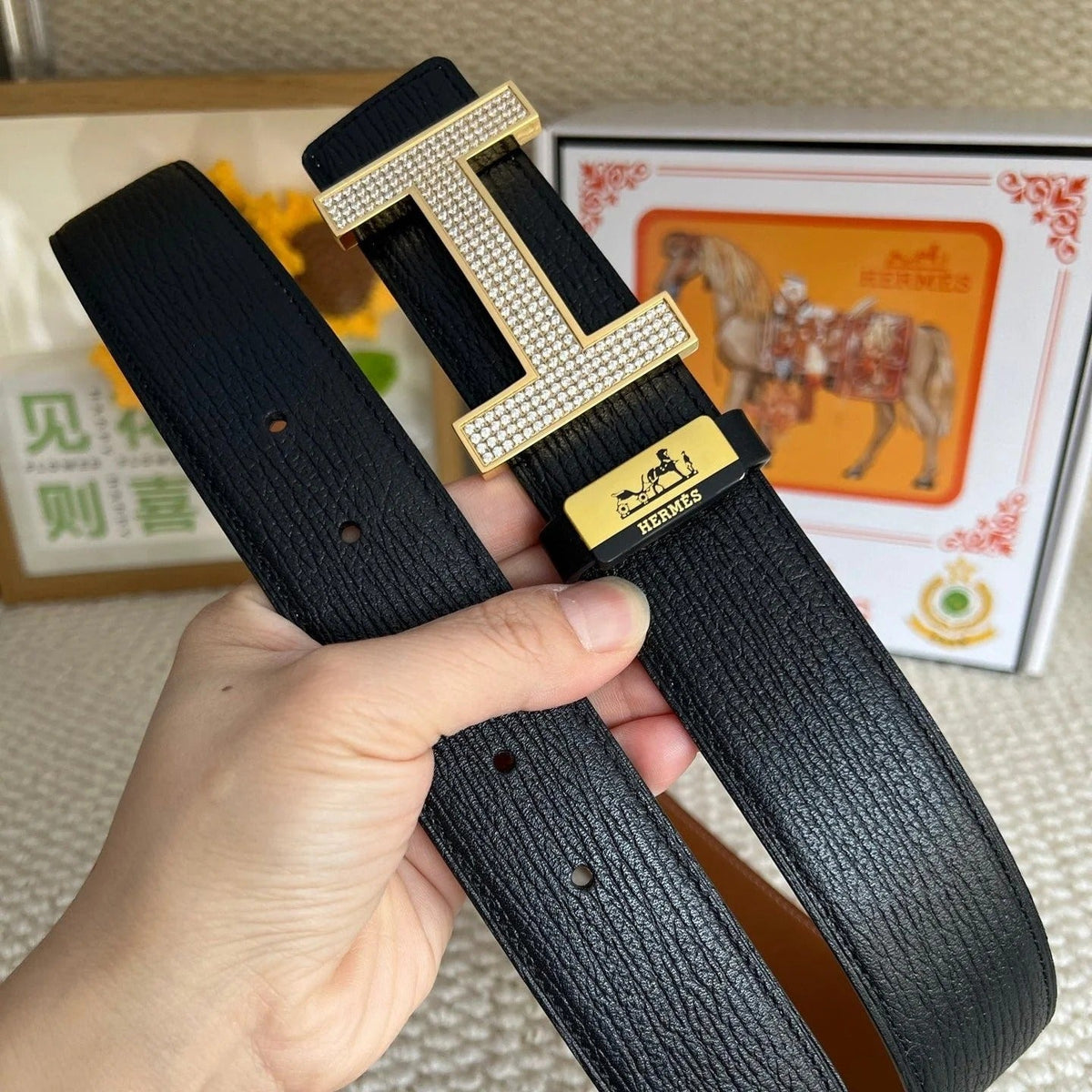 HM Belt 38mm Black Brown Cowhide Gold Diamond Buckle 618968